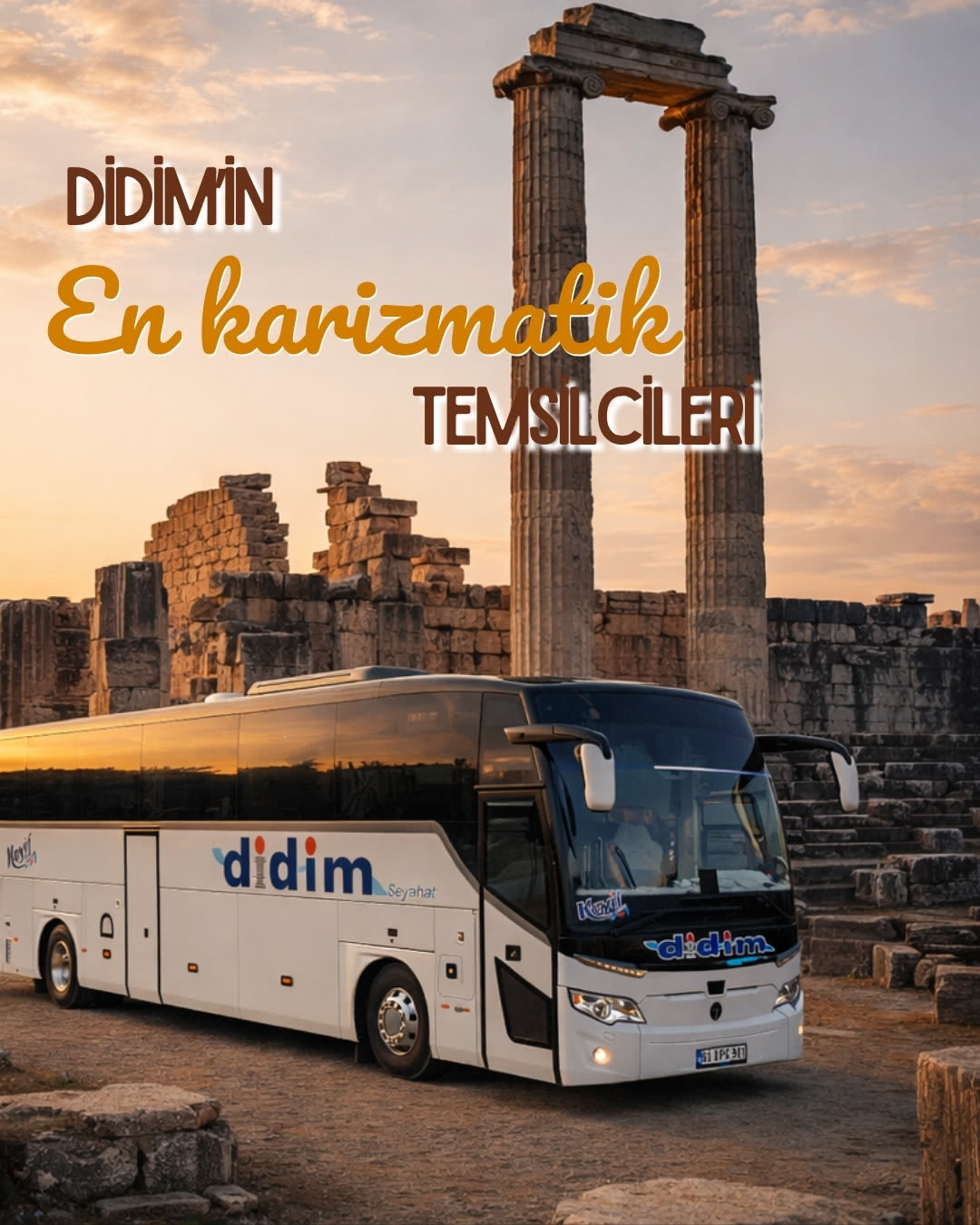 A Didim Seyahat coach at sunset in front of the Temple of Apollo at Didyma